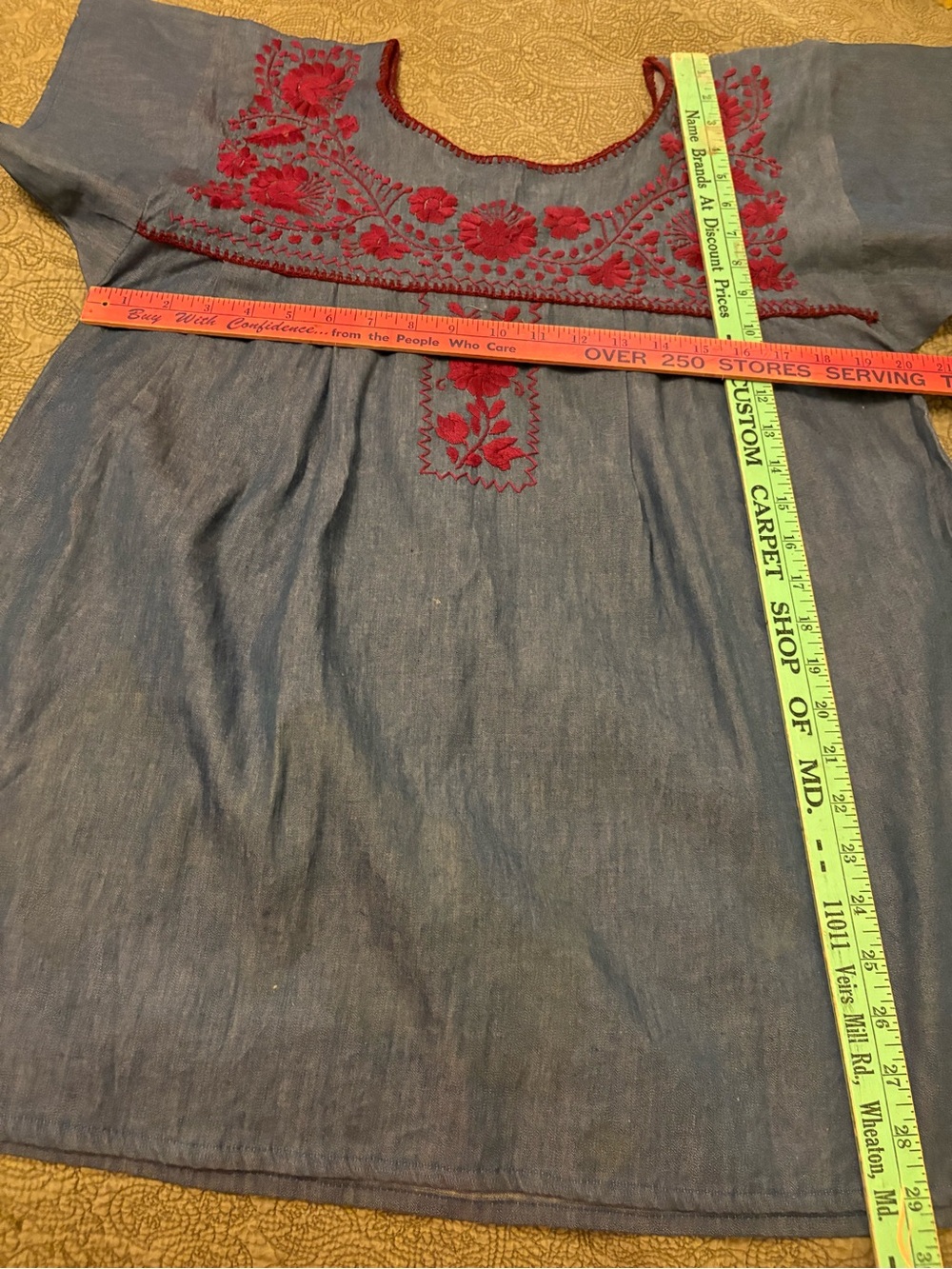 Nativa Embroidered Blue Denim Peasant Top with Maroon detail - Picture 5 of 5